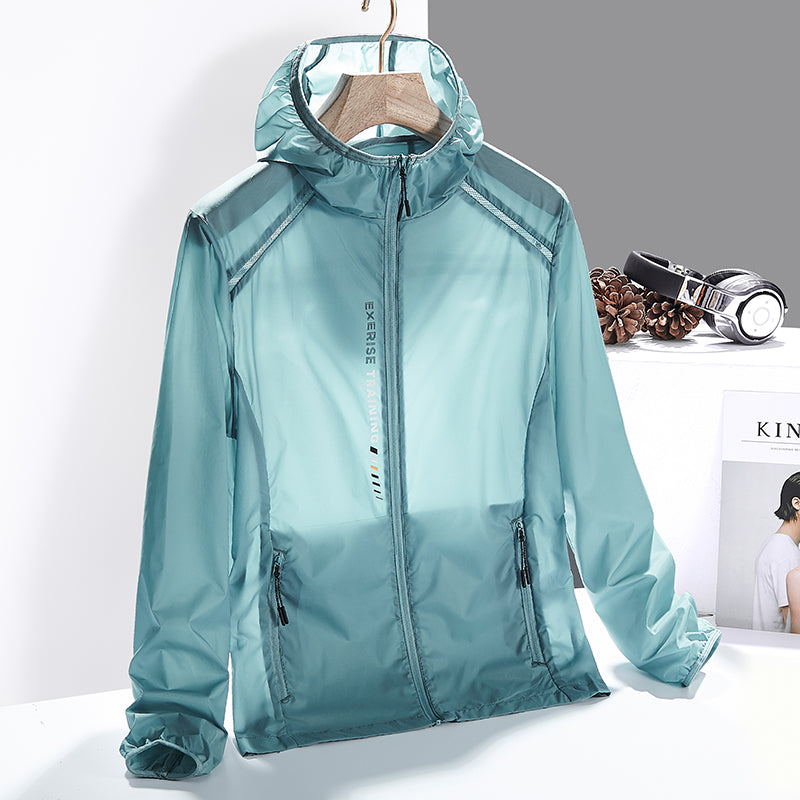 Hooded long-sleeve windbreaker jacket with front zip and two zipped pockets