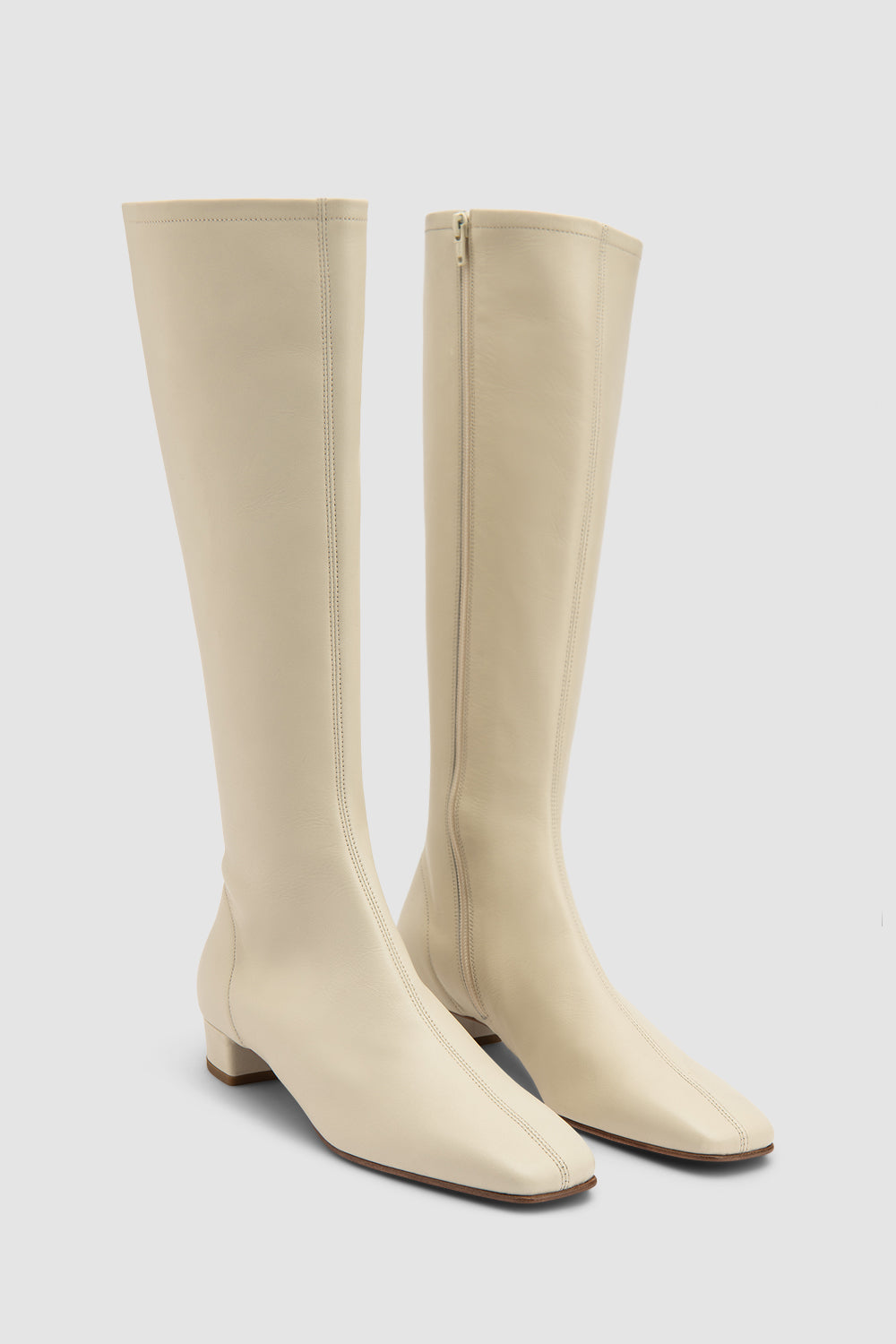 Women's off white knee-high boots with square toe and low block heel