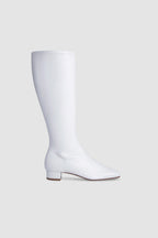 White women's knee-high boots with square toes and low heels