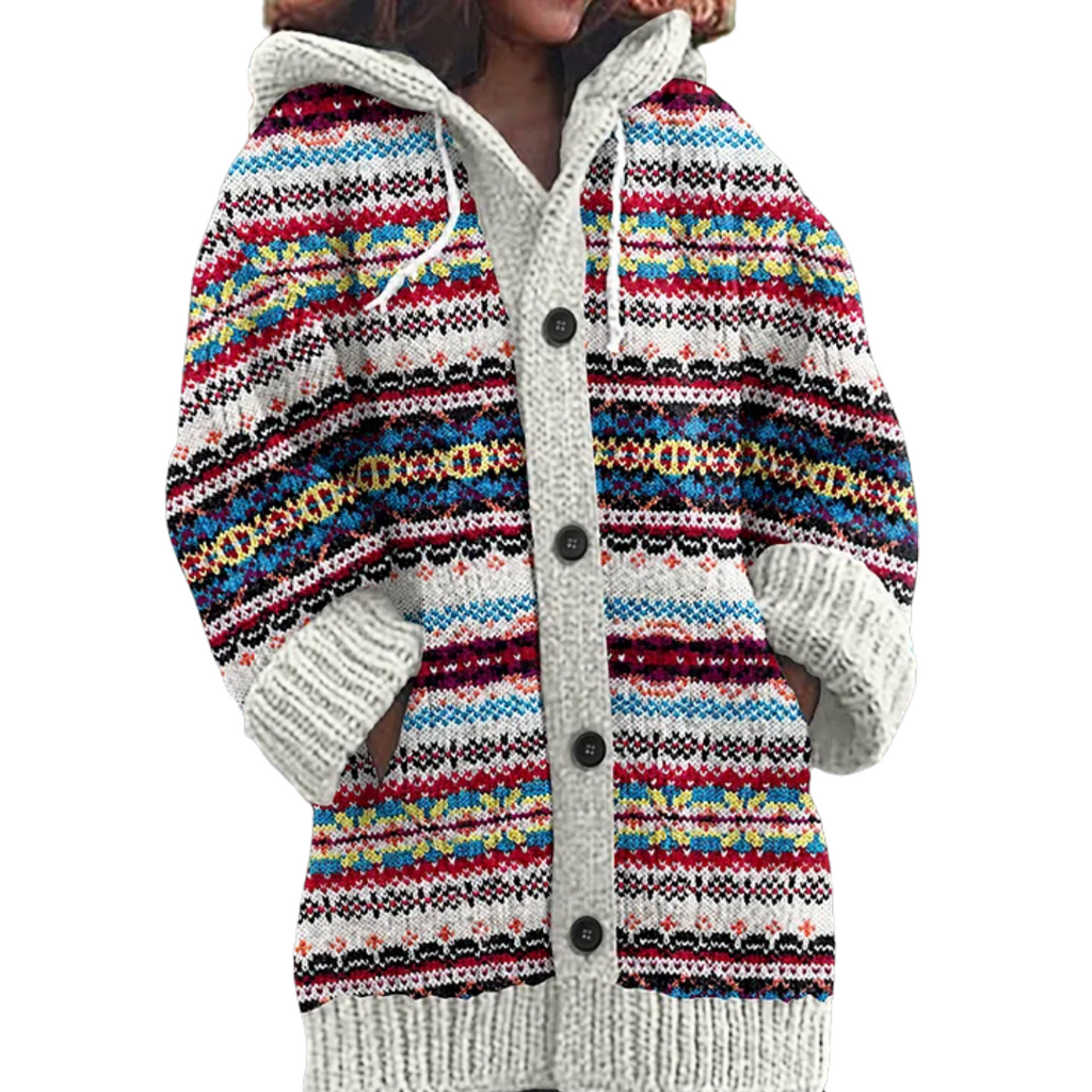 Women's hooded Fair Isle knit cardigan with buttons, pockets and long sleeves