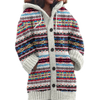 Women's hooded Fair Isle knit cardigan with buttons, pockets and long sleeves