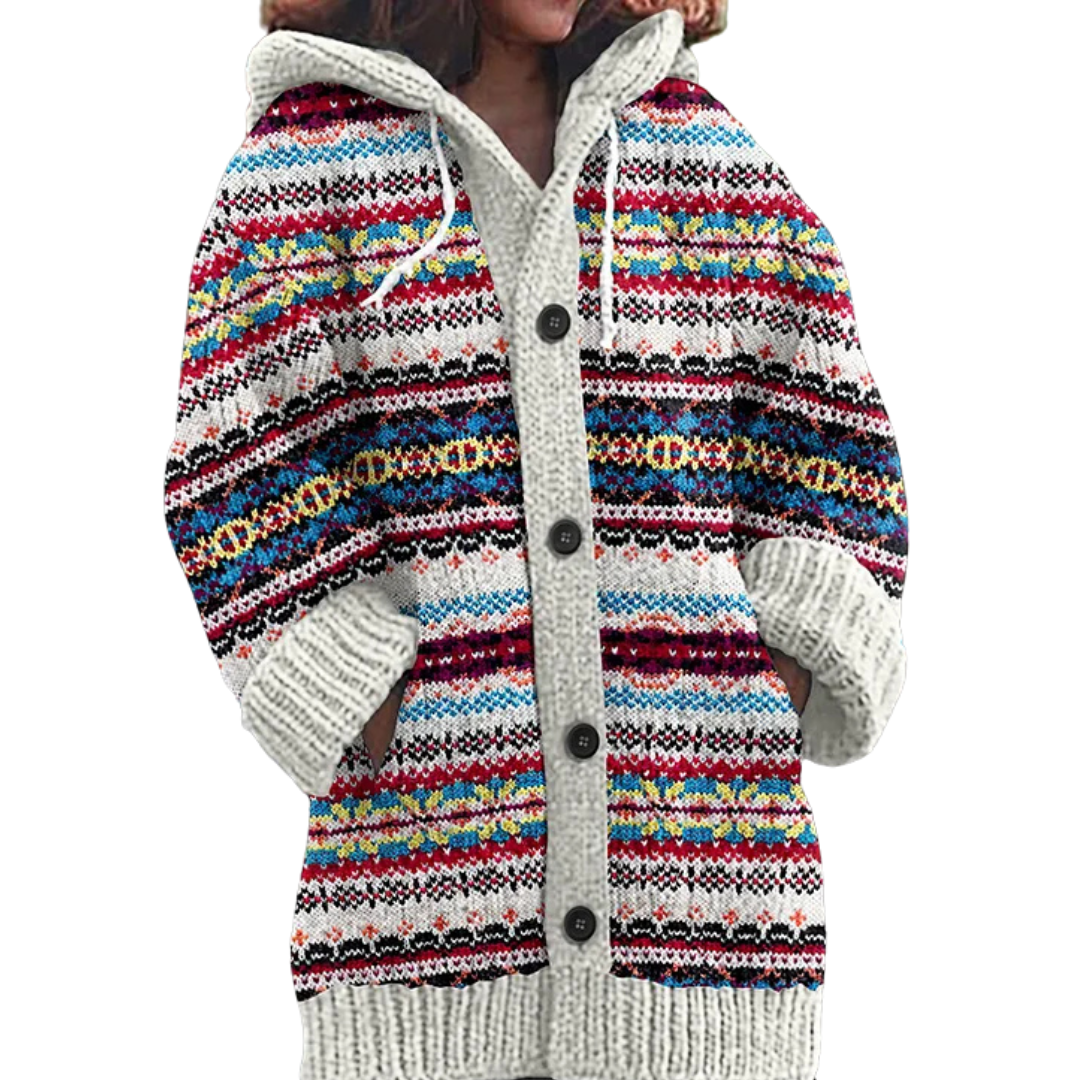 Women's hooded Fair Isle knit cardigan with buttons, pockets and long sleeves