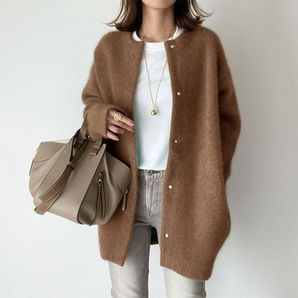 Women's long-sleeve crew neck button-front cardigan with hip-length fit
