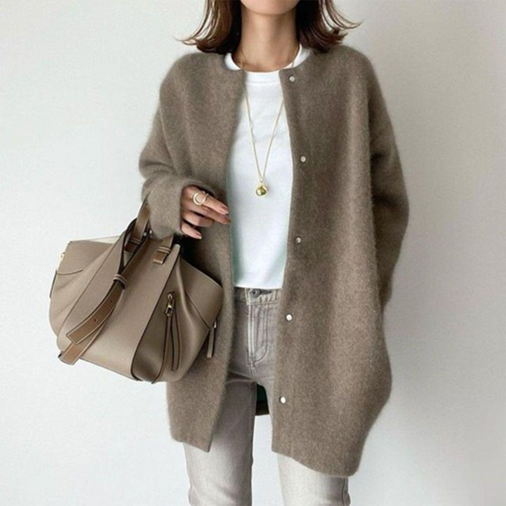 Women's long-sleeve crew neck button-front cardigan with hip-length fit