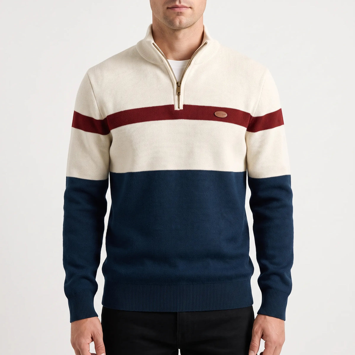 Men's striped half-zip jumper with raised collar and ribbed trims