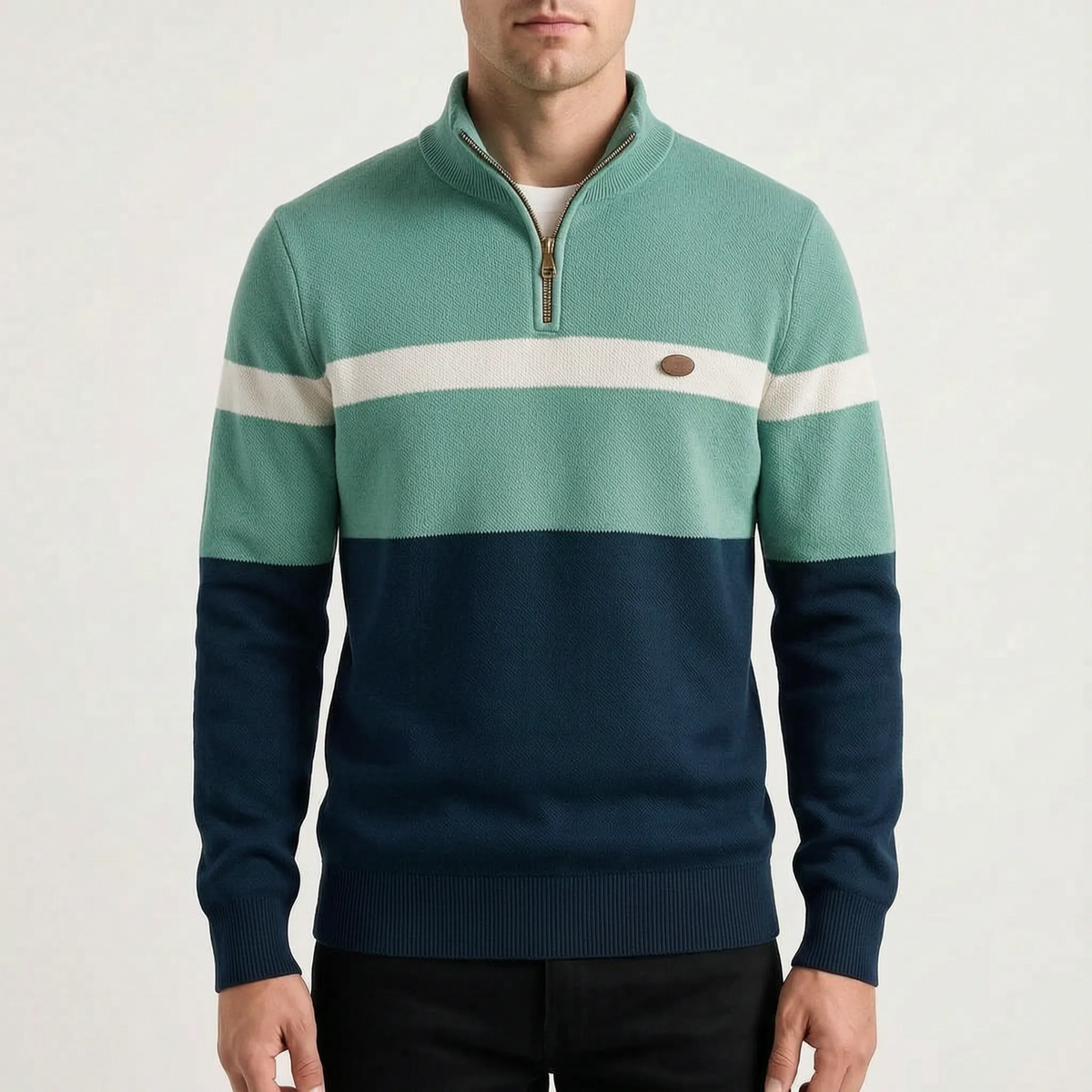 Men's striped half-zip jumper with raised collar and ribbed trims