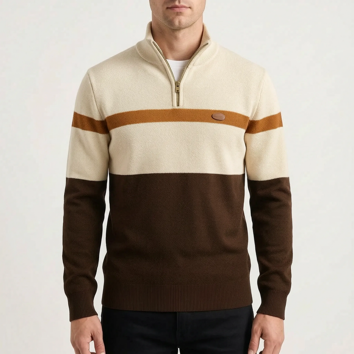 Men's striped half-zip jumper with raised collar and ribbed trims