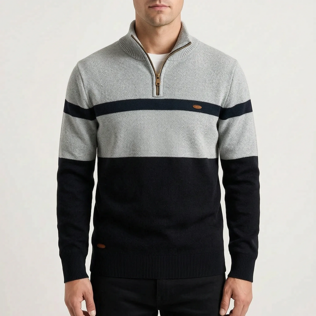 Men's striped half-zip jumper with raised collar and ribbed trims