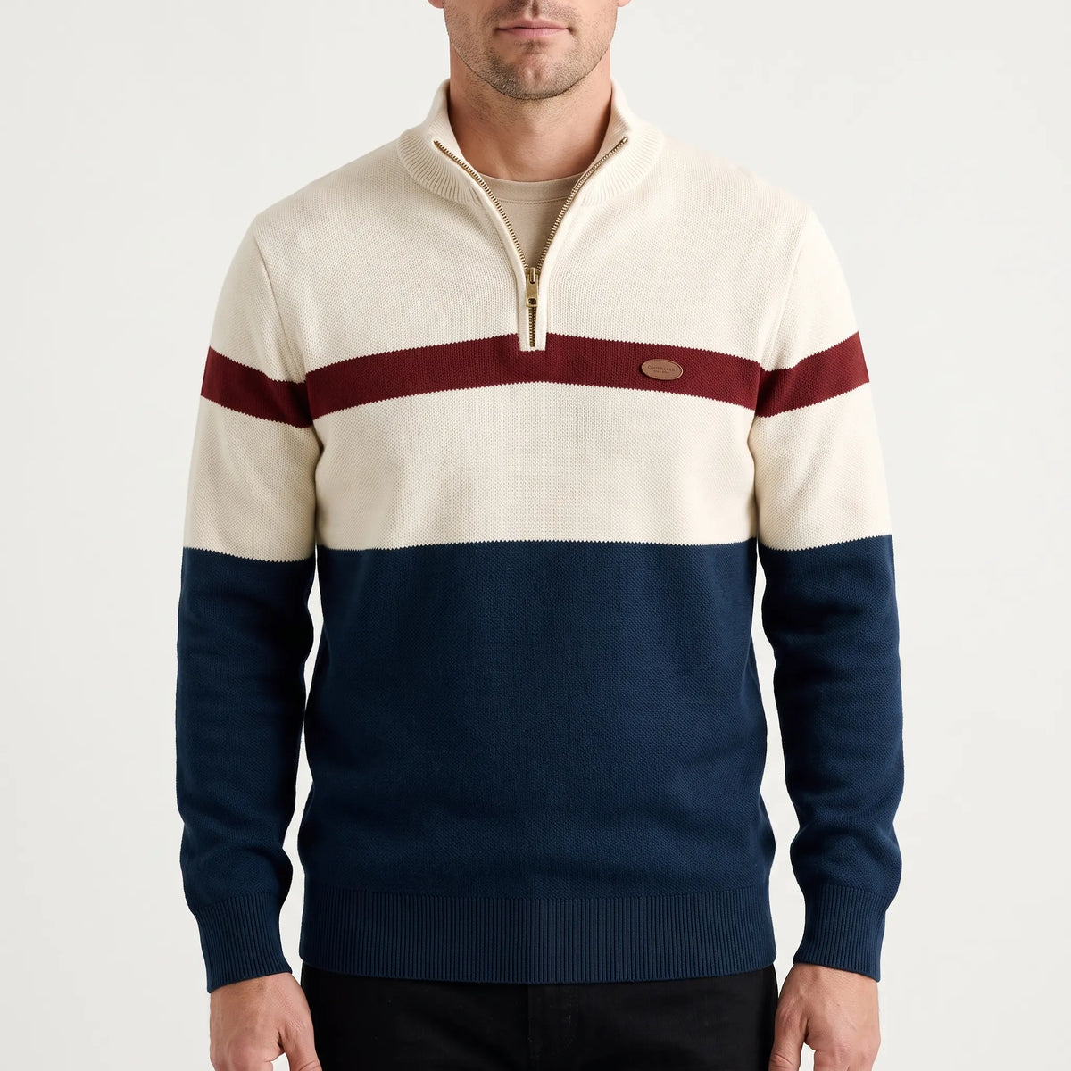 Men's striped half-zip jumper with raised collar and ribbed trims