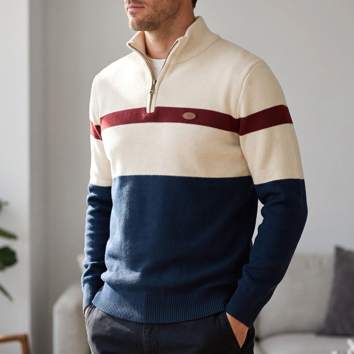 Men's striped half-zip jumper with raised collar and ribbed trims