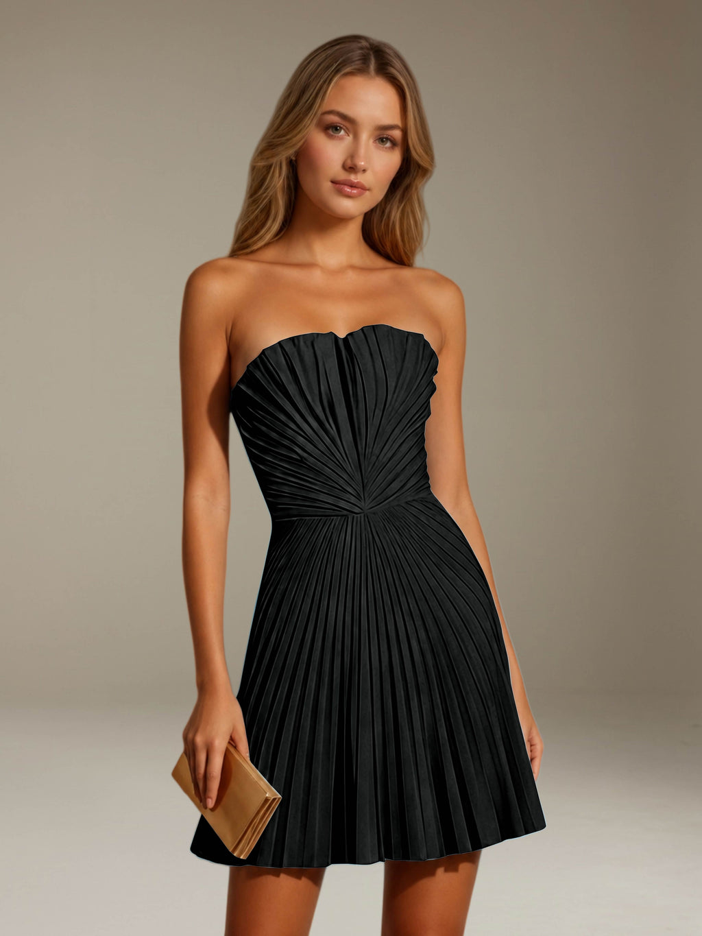 Women's strapless pleated A-line mini dress with a fitted bodice and flared skirt