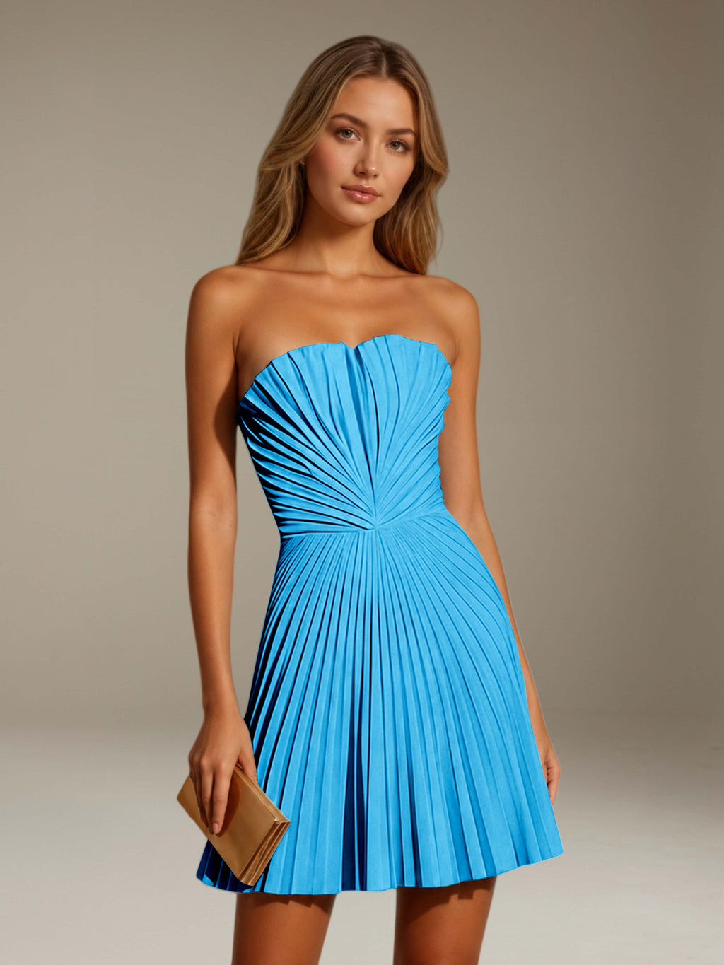 Women's strapless pleated A-line mini dress with a fitted bodice and flared skirt