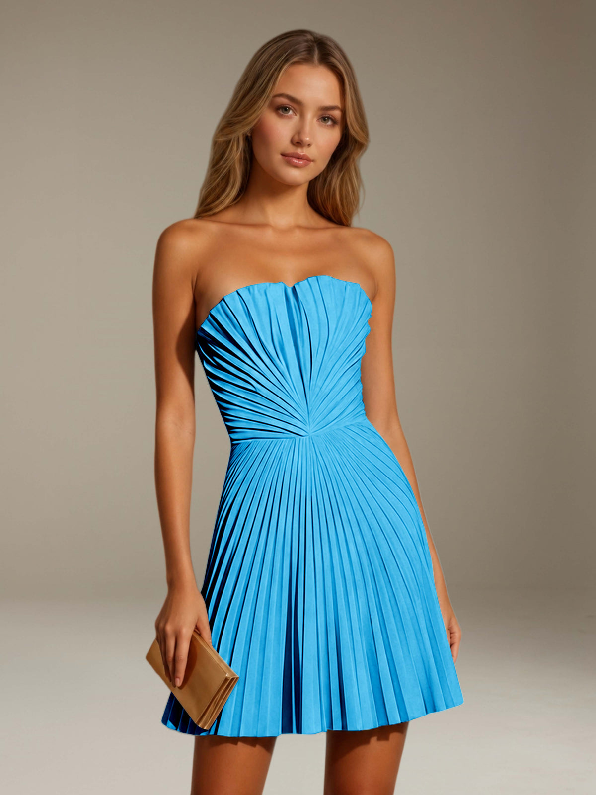 Women's strapless pleated A-line mini dress with a fitted bodice and flared skirt