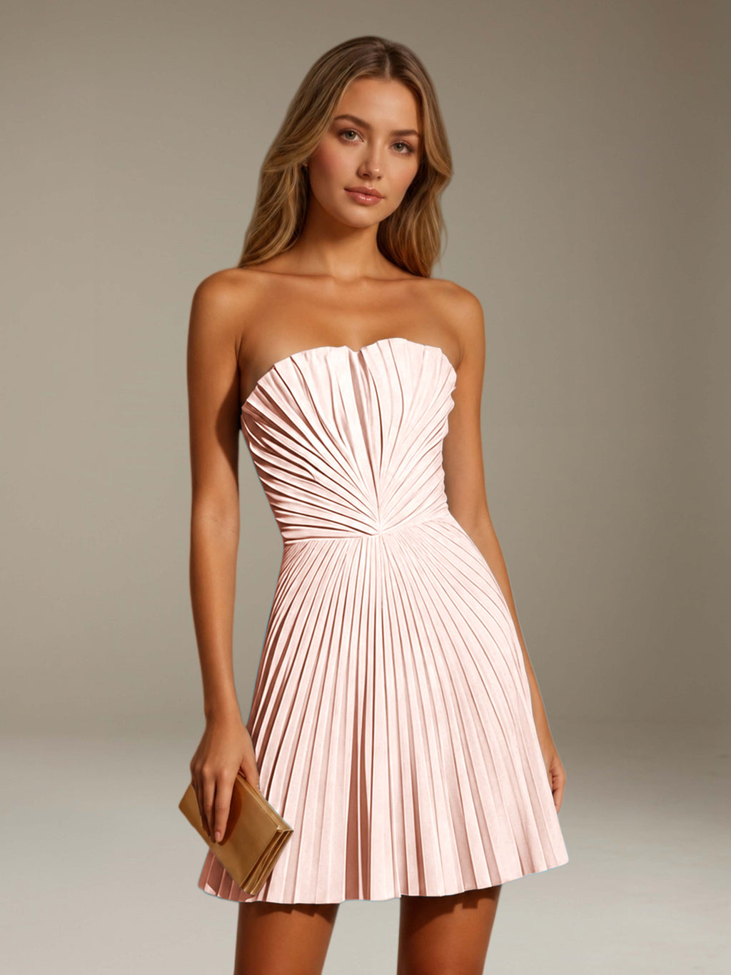 Women's strapless pleated A-line mini dress with a fitted bodice and flared skirt