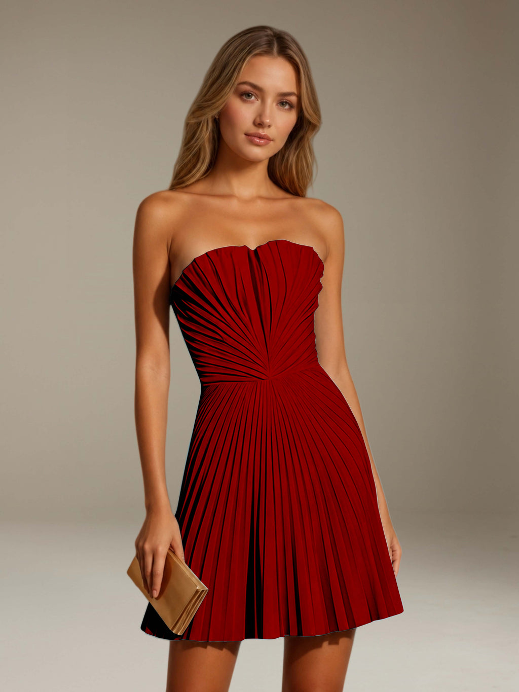 Women's strapless pleated A-line mini dress with a fitted bodice and flared skirt