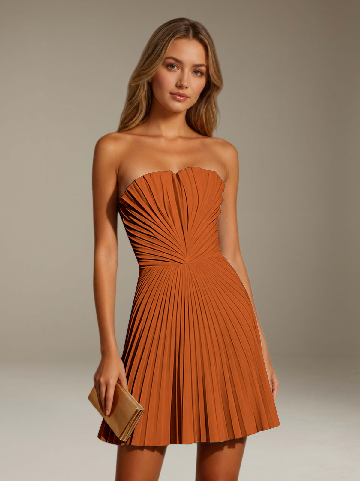 Women's strapless pleated A-line mini dress with a fitted bodice and flared skirt