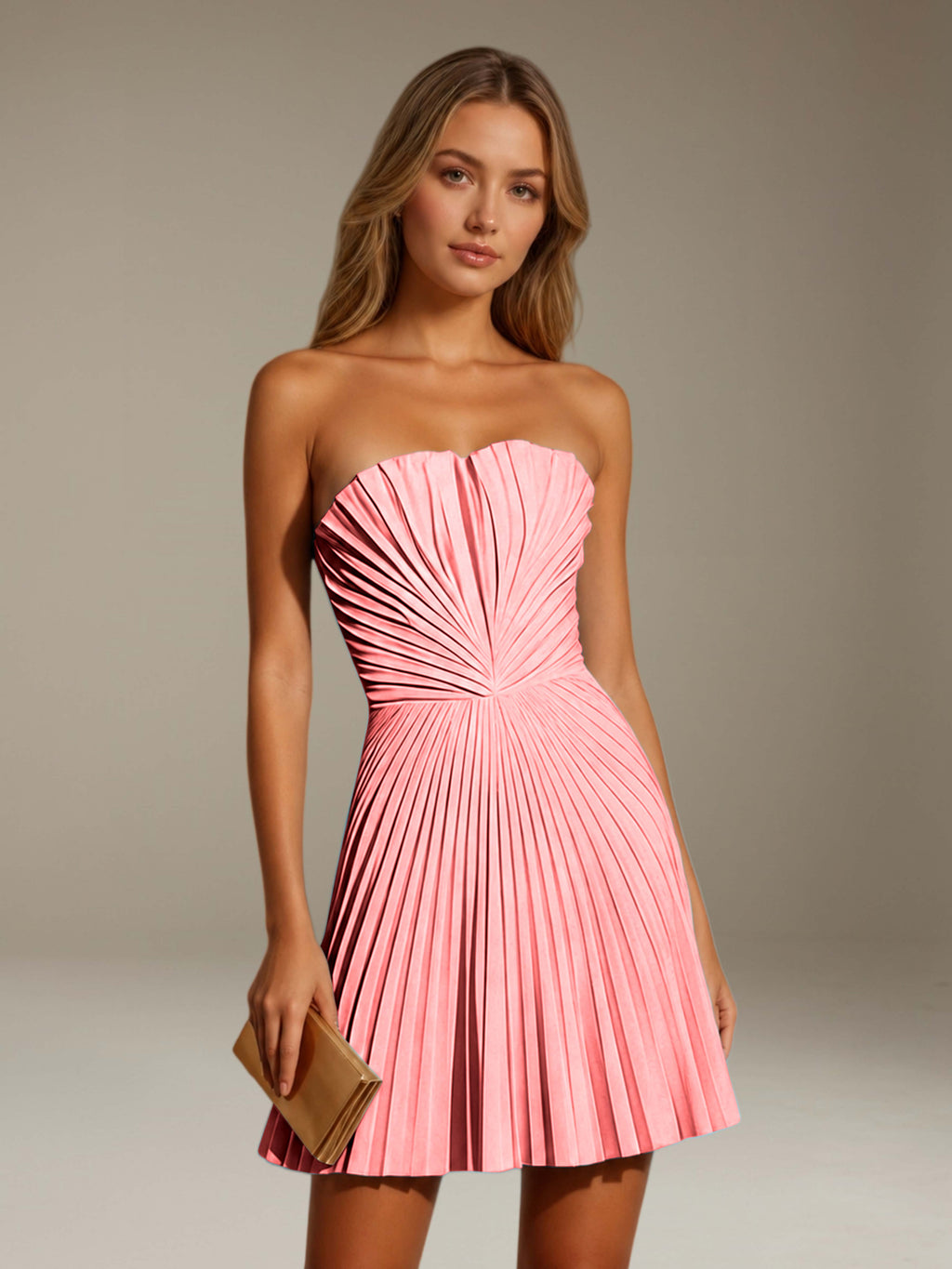 Women's strapless pleated A-line mini dress with a fitted bodice and flared skirt