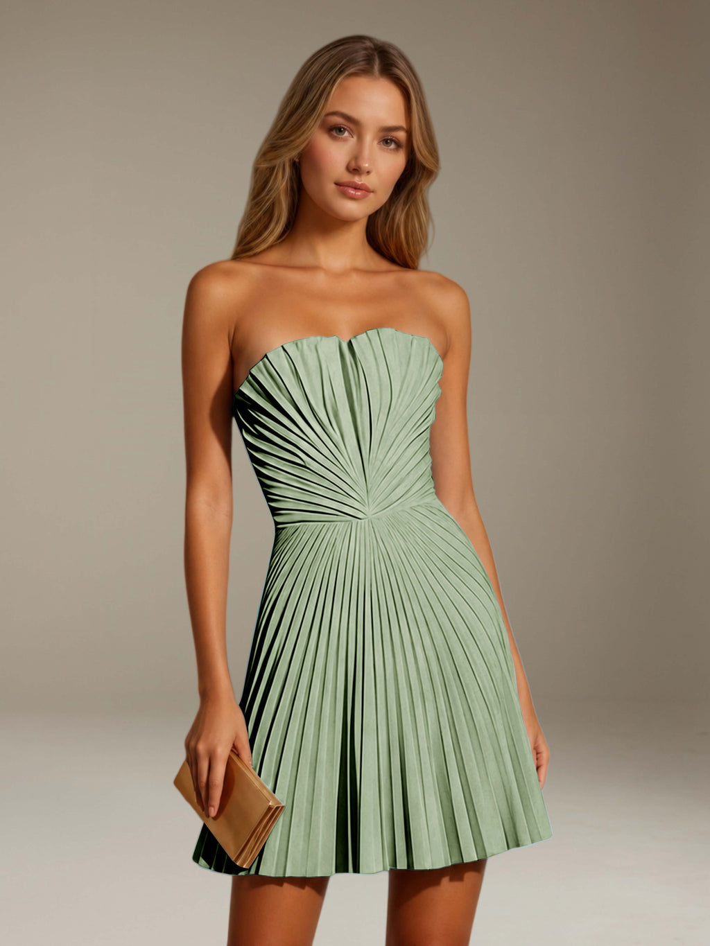 Women's strapless pleated A-line mini dress with a fitted bodice and flared skirt