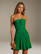 Women's strapless pleated A-line mini dress with a fitted bodice and flared skirt