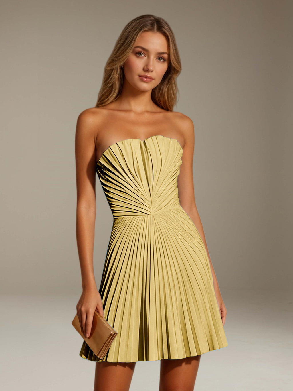 Women's strapless pleated A-line mini dress with a fitted bodice and flared skirt