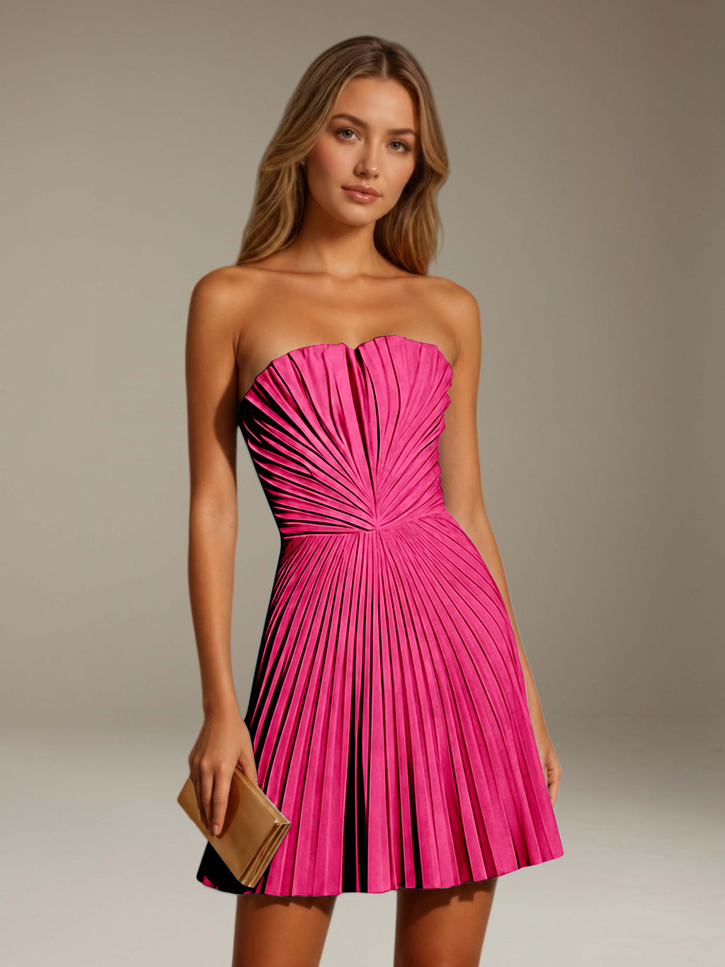 Women's strapless pleated A-line mini dress with a fitted bodice and flared skirt