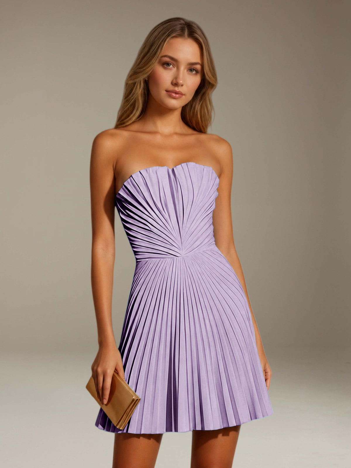 Women's strapless pleated A-line mini dress with a fitted bodice and flared skirt