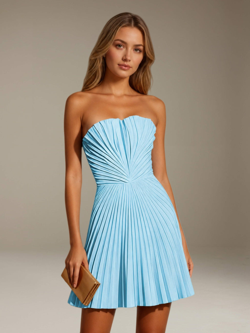 Women's strapless pleated A-line mini dress with a fitted bodice and flared skirt