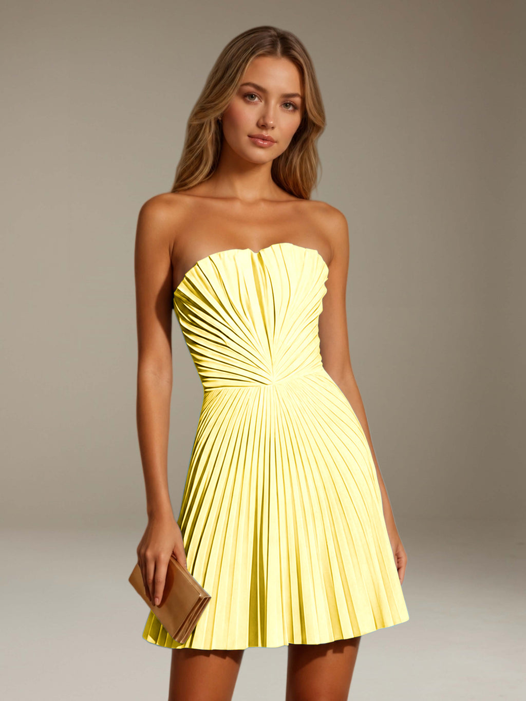 Women's strapless pleated A-line mini dress with a fitted bodice and flared skirt