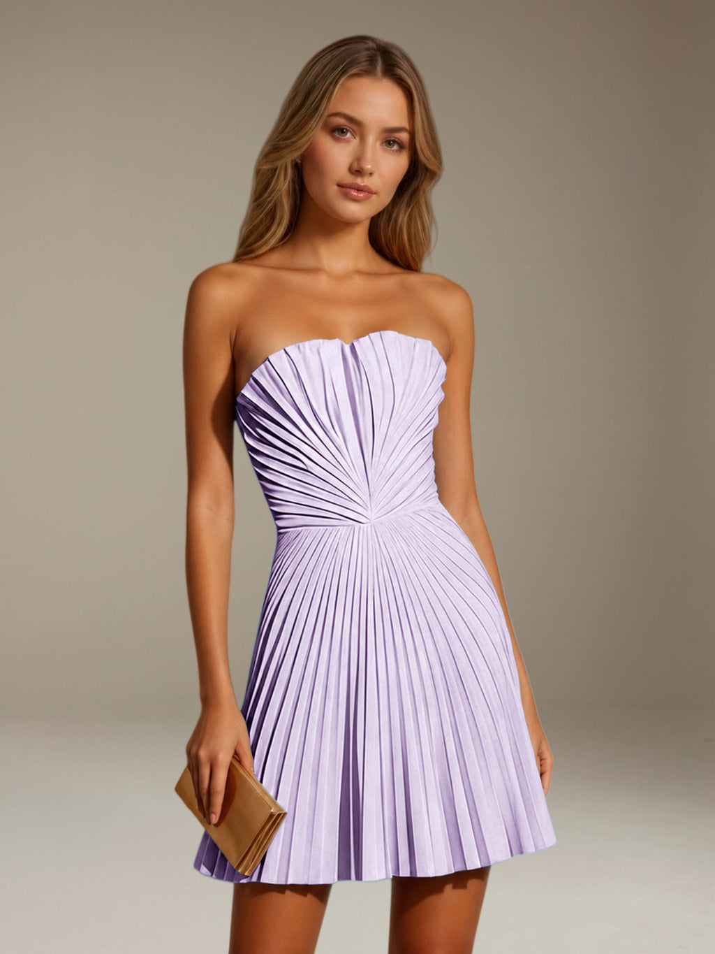 Women's strapless pleated A-line mini dress with a fitted bodice and flared skirt