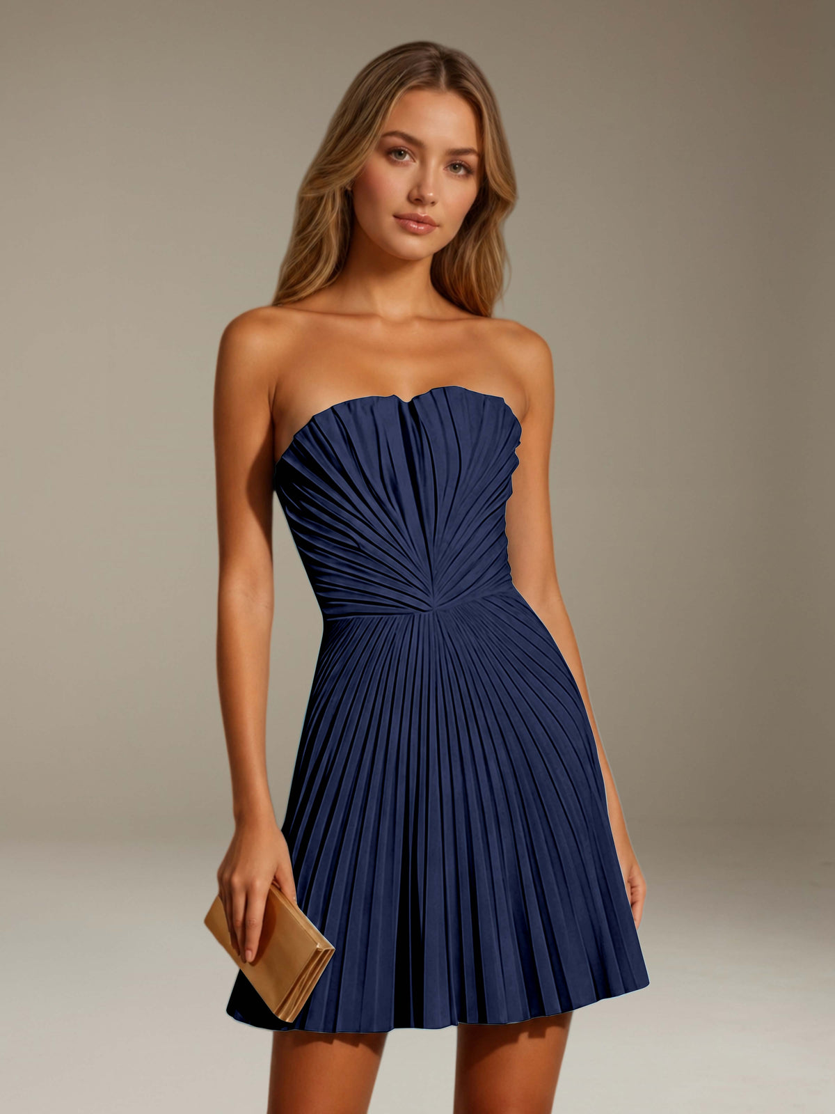 Women's strapless pleated A-line mini dress with a fitted bodice and flared skirt