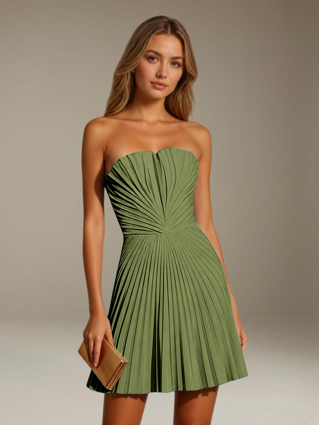 Women's strapless pleated A-line mini dress with a fitted bodice and flared skirt