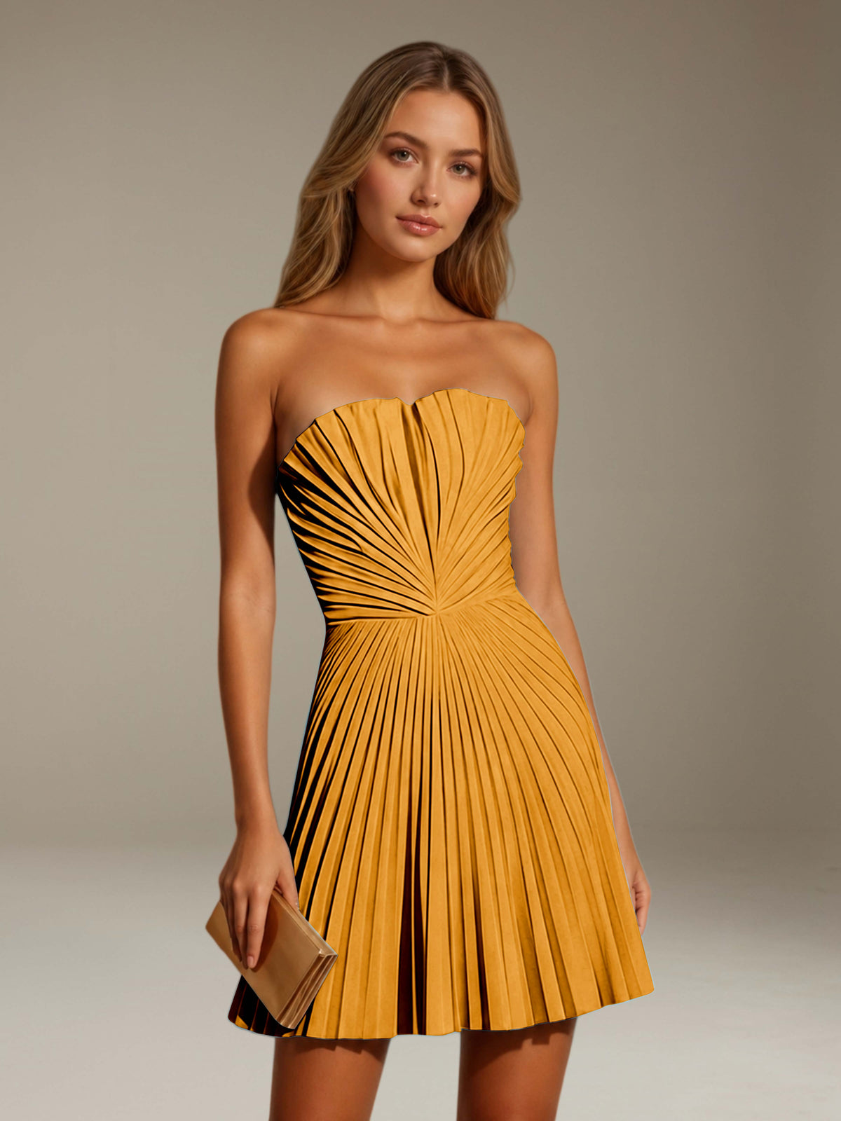 Women's strapless pleated A-line mini dress with a fitted bodice and flared skirt