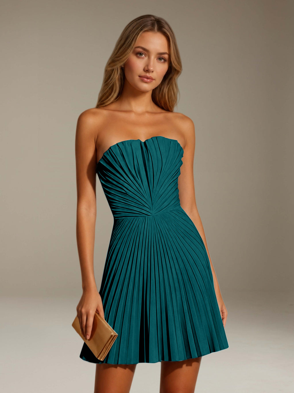 Women's strapless pleated A-line mini dress with a fitted bodice and flared skirt