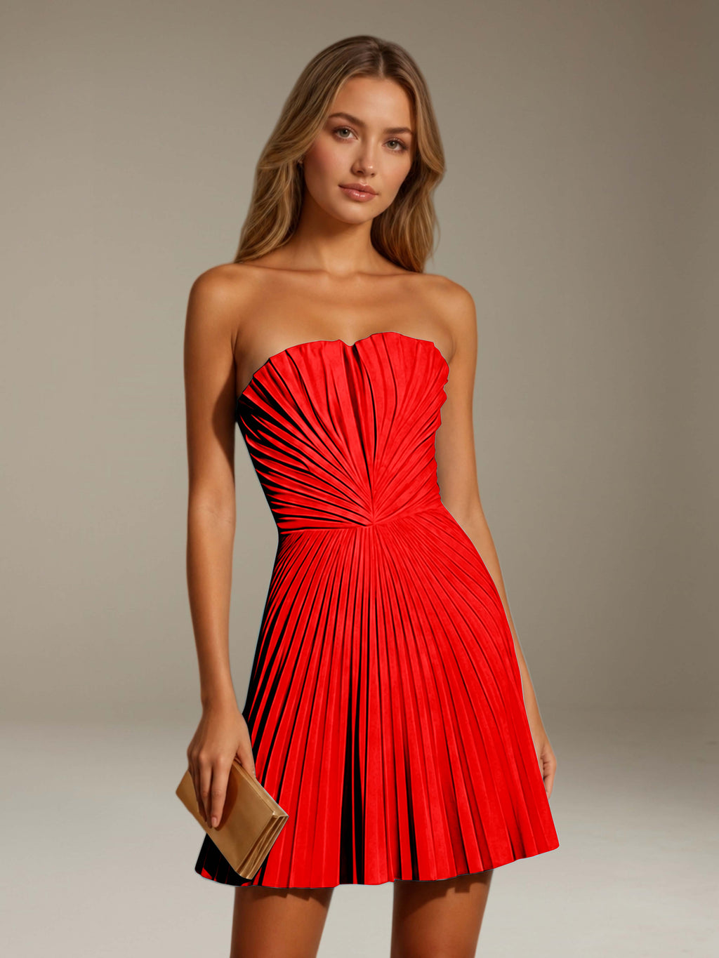 Women's strapless pleated A-line mini dress with a fitted bodice and flared skirt