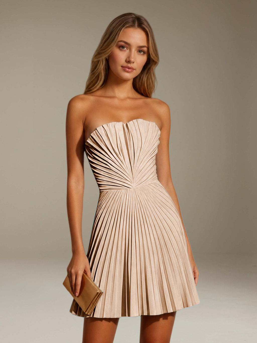 Women's strapless pleated A-line mini dress with a fitted bodice and flared skirt