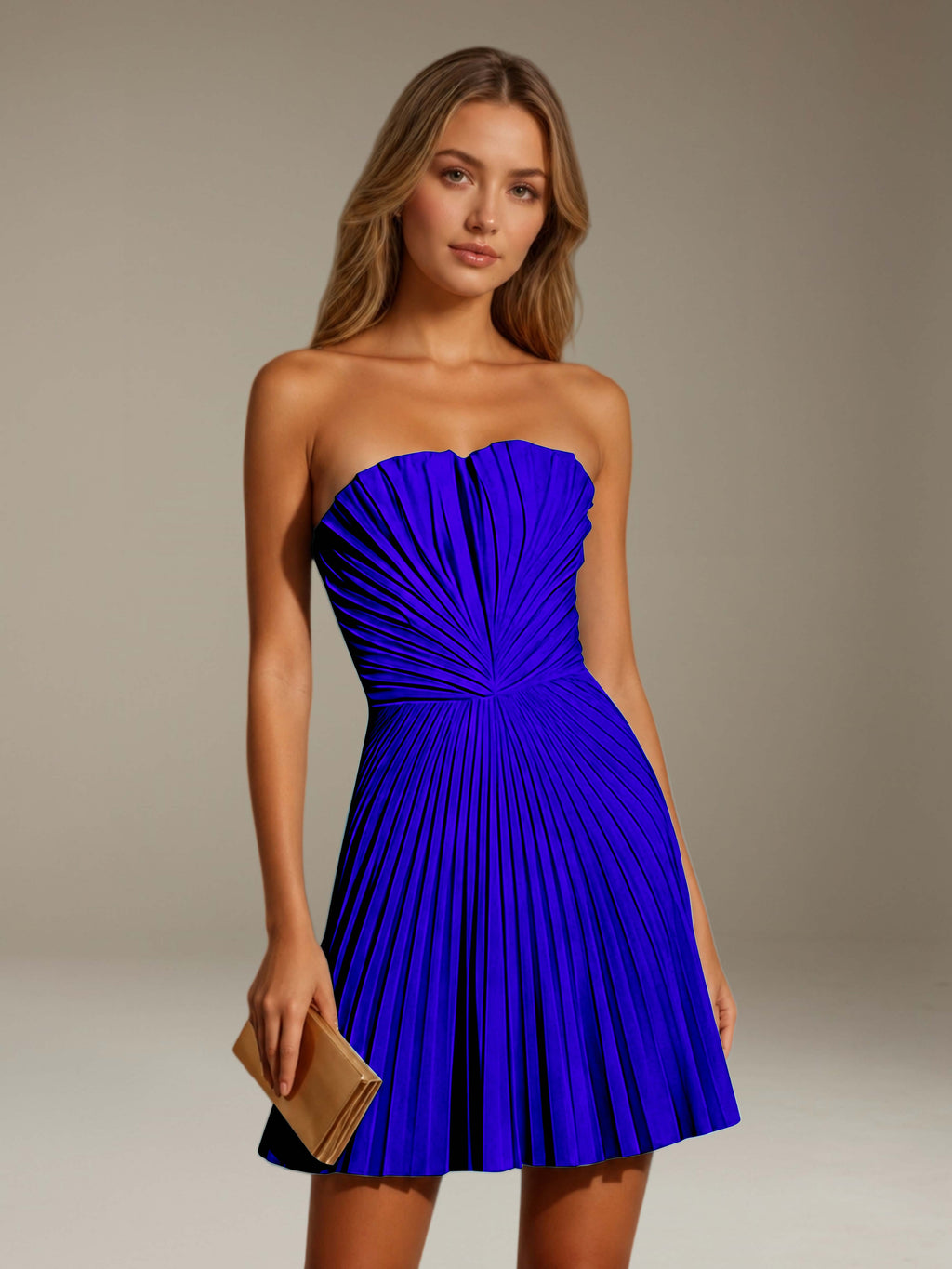Women's strapless pleated A-line mini dress with a fitted bodice and flared skirt