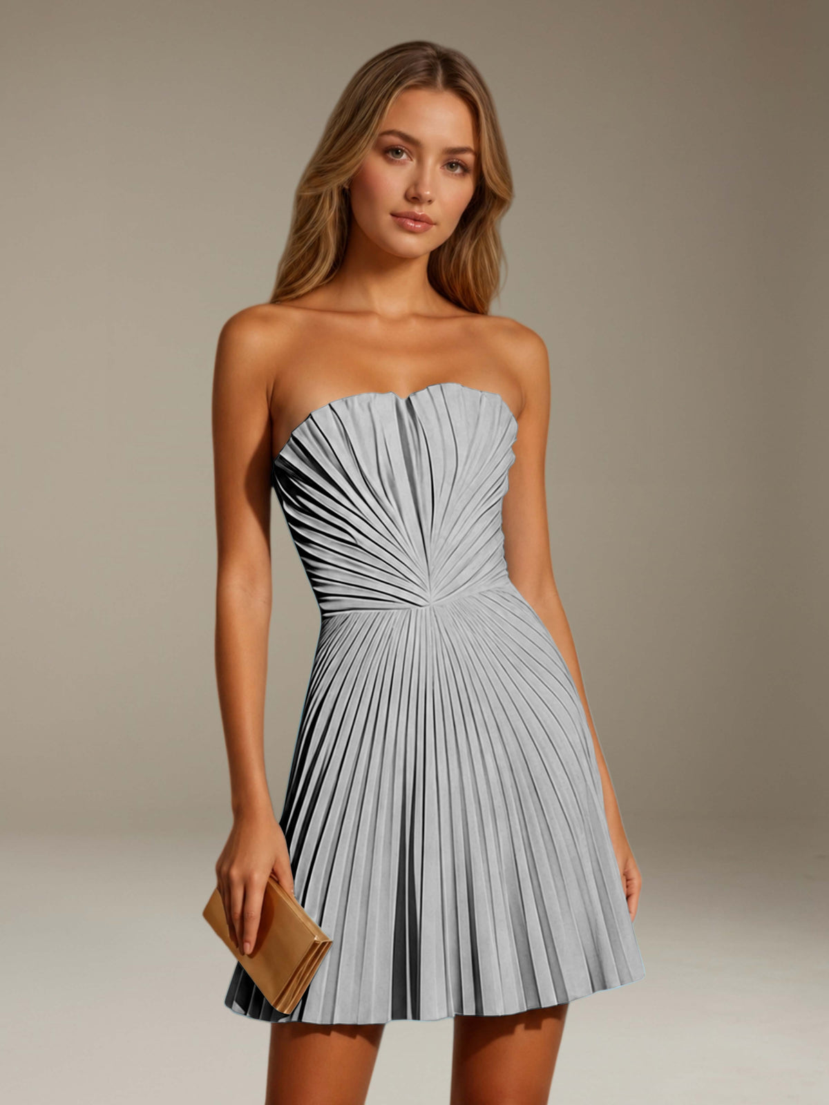 Women's strapless pleated A-line mini dress with a fitted bodice and flared skirt
