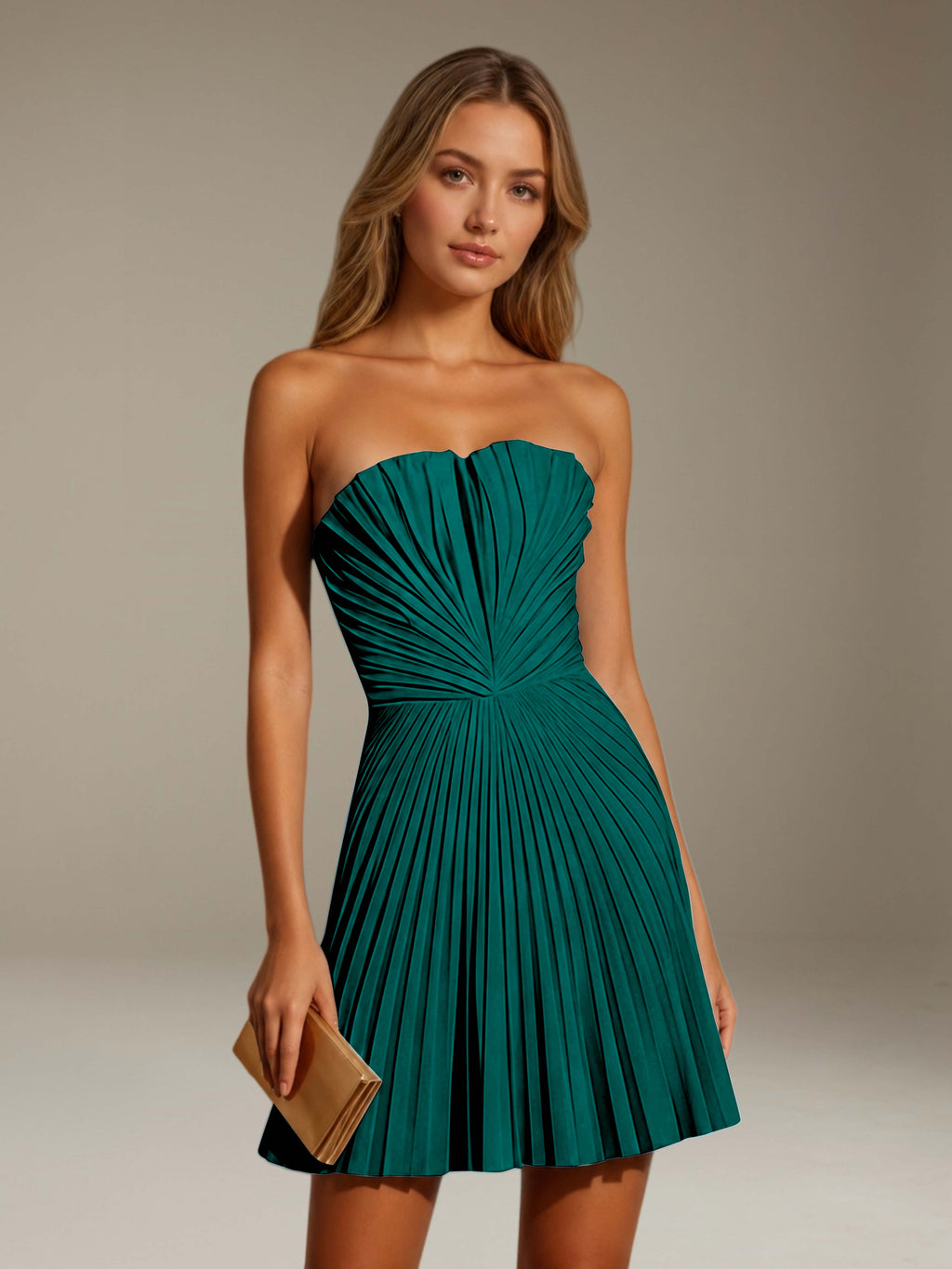 Women's strapless pleated A-line mini dress with a fitted bodice and flared skirt