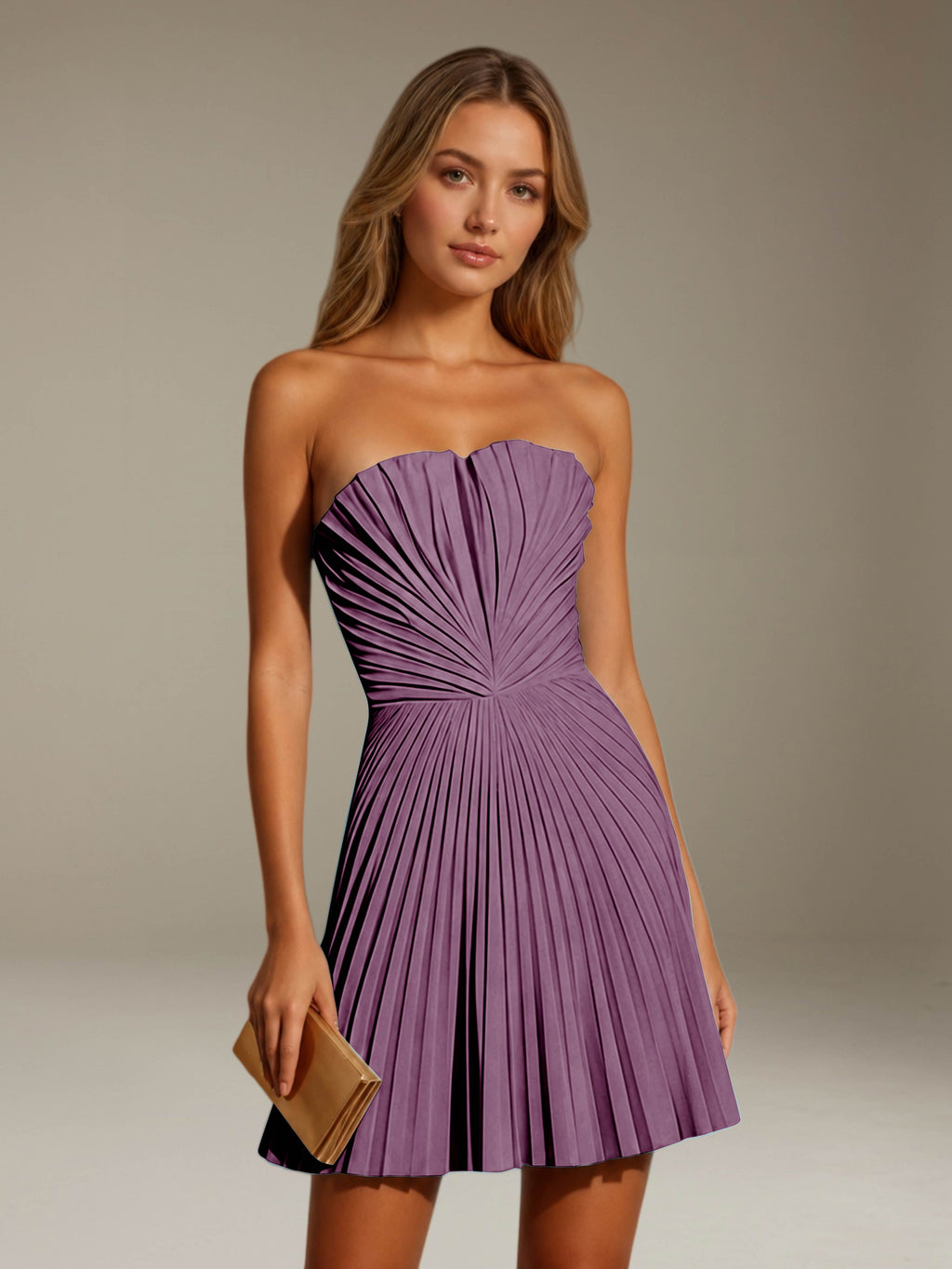 Women's strapless pleated A-line mini dress with a fitted bodice and flared skirt