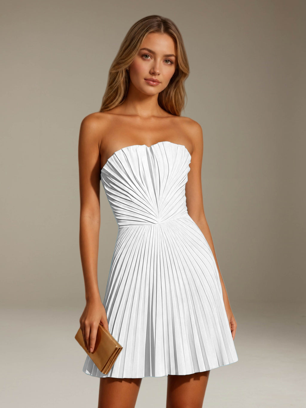 Women's strapless pleated A-line mini dress with a fitted bodice and flared skirt