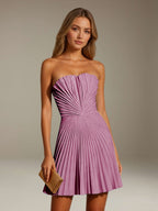 Women's strapless pleated A-line mini dress with a fitted bodice and flared skirt