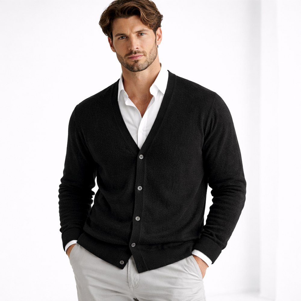 Men's V-neck knit cardigan with button front