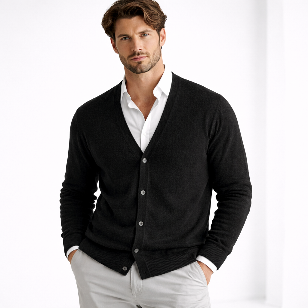 Men's V-neck knit cardigan with button front