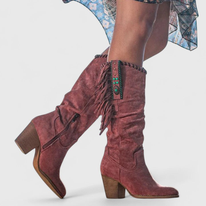 Women's mid-calf cowboy boots with fringe detailing, side zip and block heel