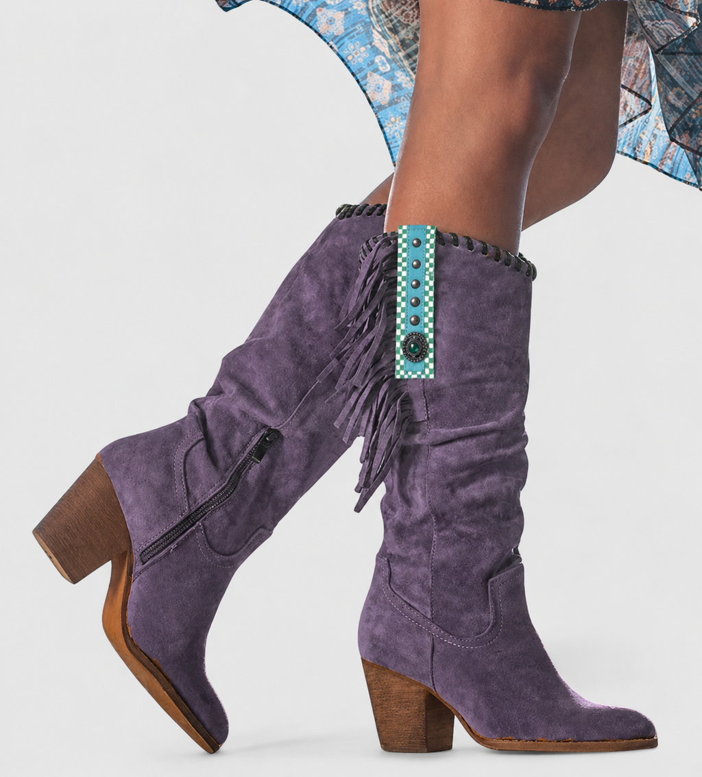 Women's mid-calf cowboy boots with fringe detailing, side zip and block heel