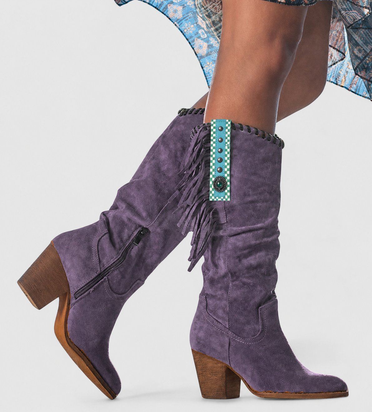 Women's mid-calf cowboy boots with fringe detailing, side zip and block heel