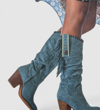 Women's mid-calf cowboy boots with fringe detailing, side zip and block heel