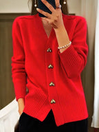 Women's V-neck cardigan with heart buttons and front pockets