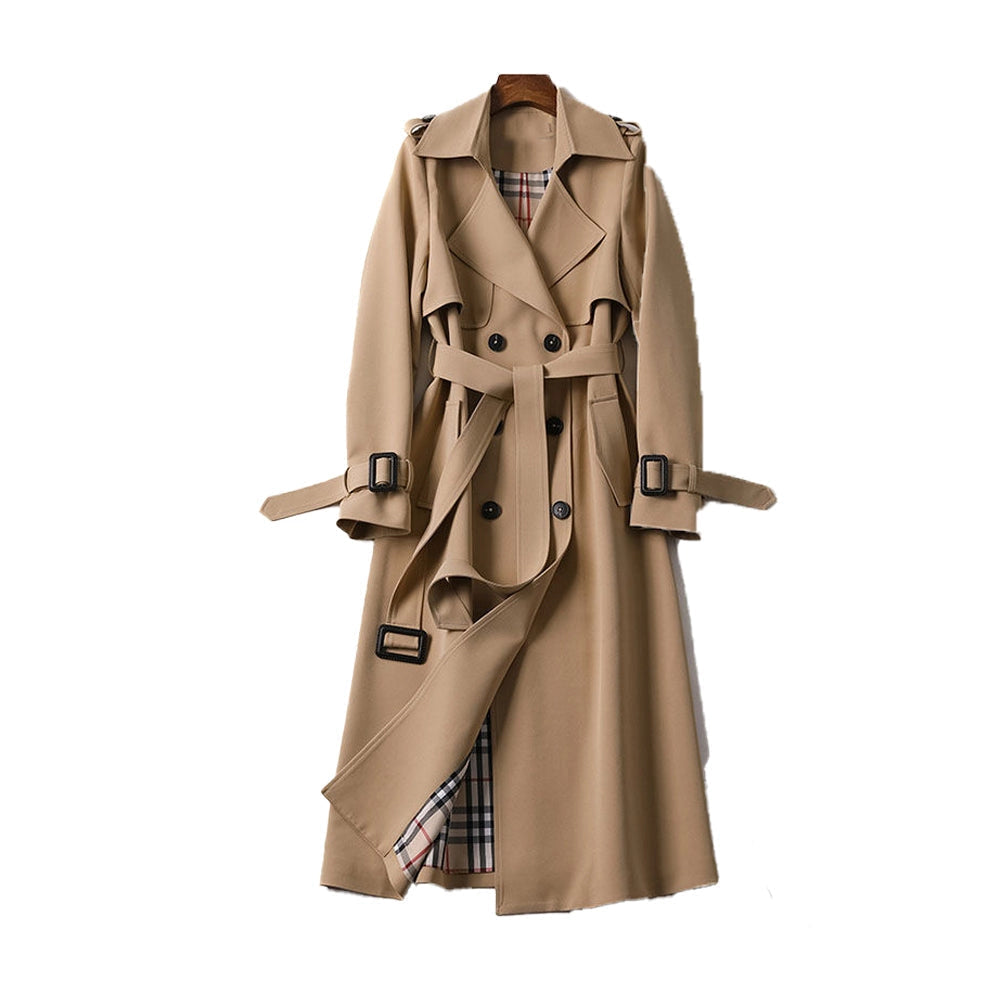 Women's long double-breasted trench coat with belt, shoulder tabs and cuff straps