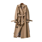 Women's long double-breasted trench coat with belt, shoulder tabs and cuff straps
